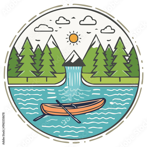 Scenic Lake Landscape with Mountains, Waterfall, and Canoe in Circle Illustration