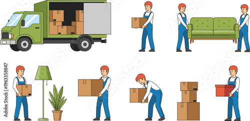 Moving service workers set with delivery truck boxes furniture relocation cartoon flat illustration collection