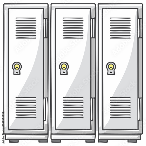 Three white and gray metal lockers secure storage illustration in a hand drawn doodle style