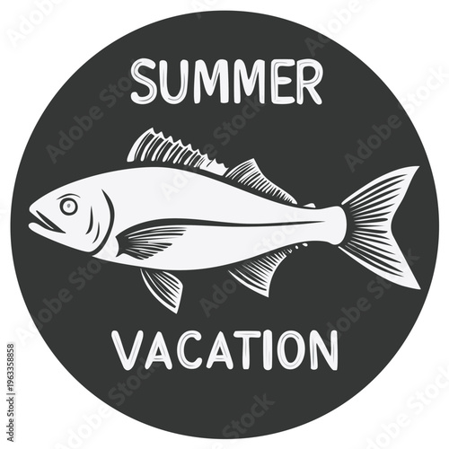 Summer Vacation Fish Illustration Black and White Circular Design
