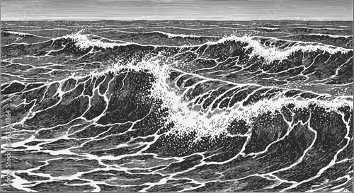 Graphic Illustration of Rough Ocean Waves in Black and White