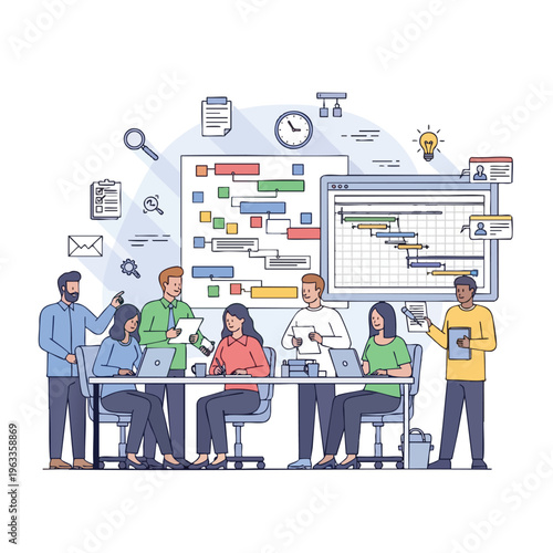 Team brainstorms project plan with Gantt chart, notes, and lightbulb ideas