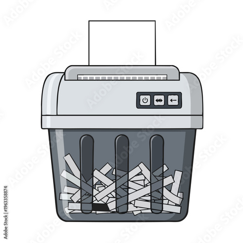 A simple illustration of a paper shredder with a full bin of shredded paper
