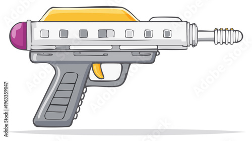 Retro ray gun illustration with yellow and purple accents, isolated