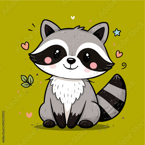 Cute raccoon with a heart on a green background
