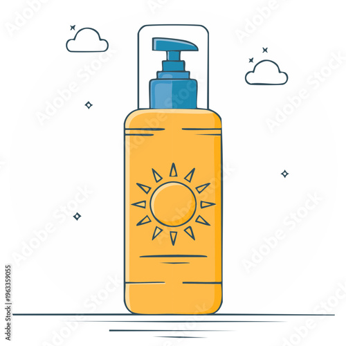Vibrant yellow sunscreen lotion pump bottle with sun icon for sunny day protection