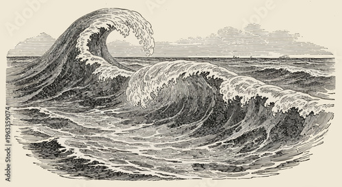 Vintage Engraving of Crashing Ocean Waves