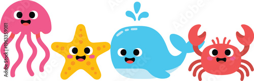 Cute sea animals cartoon set with jellyfish starfish whale crab colorful ocean character illustration collection