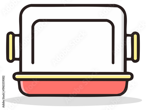 Cartoon Pet Litter Box Illustration: Pink Tray, Yellow Accents, White Frame, Outline Style