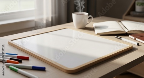 Desk with Whiteboard, Markers, Coffee, and Notebooks in Natural Light