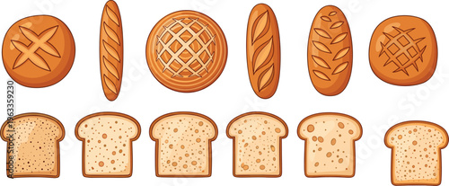 Set of bread and bakery products including loaves buns and sliced toast varieties isolated vector illustration for food packaging design projects