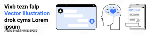 Digital communication, contracts, decision-making, online interaction, creativity, mental health. Chat interface, brain with heart legal agreement. Digital communication and contracts concept