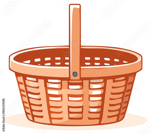 Woven basket illustration for picnic, easter, shopping, storage, or gift; wicker handle storage container.