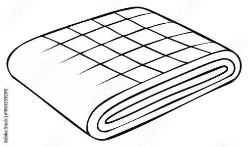 Black line art illustration of a neatly folded quilted blanket or comforter icon for sleep and cozy home concepts.