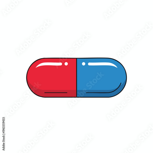 A single pill, split lengthwise between red and blue halves, on a white background