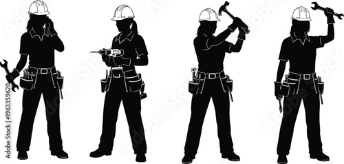 Set of female construction worker silhouettes with tools and helmet isolated vector illustration for industry labor engineering and maintenance service design projects