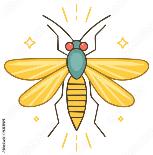 Cartoon mosquito illustration with yellow wings and stripes and red eyes, surrounded by small yellow stars on white background