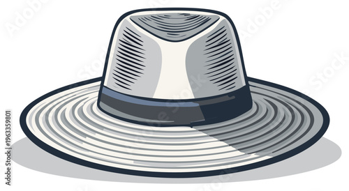 Stylish grey brimmed fedora with a black ribbon and a dark outline against white background
