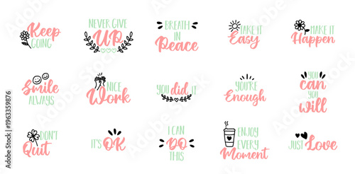 Positive Quote Typography Sticker Set Vol.2 — 15 Motivational Word Art & Affirmation PNG SVG Vector Illustration