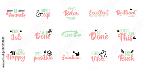 Positive Quote Typography Sticker Clipart Set — 15 Motivational Text & Word Art PNG SVG Vector Illustration