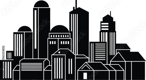 Detailed black city silhouette with houses and skyscrapers, urban neighborhood landscape on transparent background, vector illustration