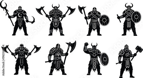 Viking warrior silhouettes vector set featuring medieval nordic fighters with axes shields and weapons isolated black character icons for fantasy game design
