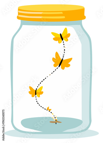 Captured Freedom Golden Butterflies Escape Glass Jar Illustration Whimsical Insect Flight