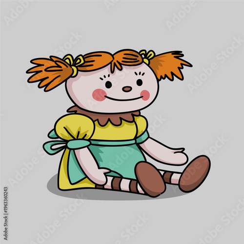 girl doll cartoon with red hair and yellow ribbon, striped socks sitting down