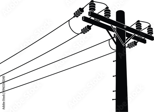 Silhouette electric pole with power lines against a transparent background providing electricity service