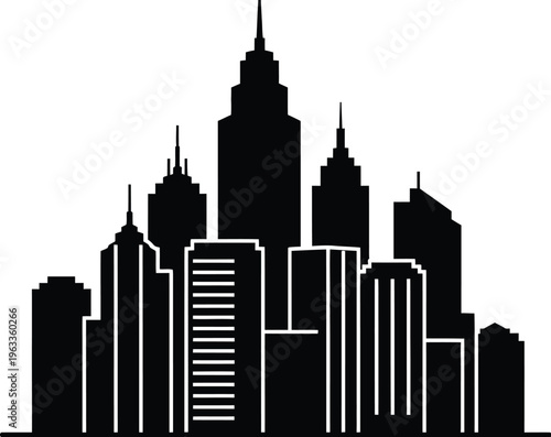 Cityscape silhouette vector illustration featuring various skyscrapers and buildings against a transparent backdrop