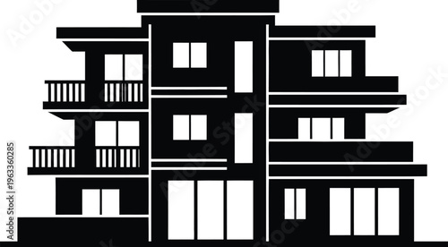Silhouette of a multi-story modern residential building with balconies and large windows on a transparent background