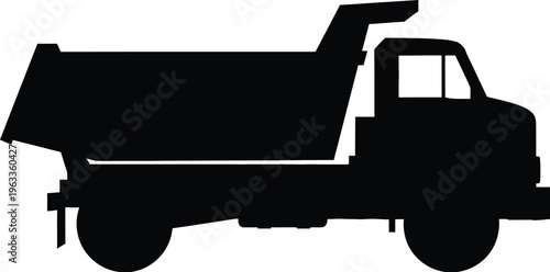 Side view silhouette of dump truck, construction vehicle, heavy machinery, industrial transport