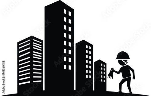 City construction scene with builder and modern buildings vector illustration