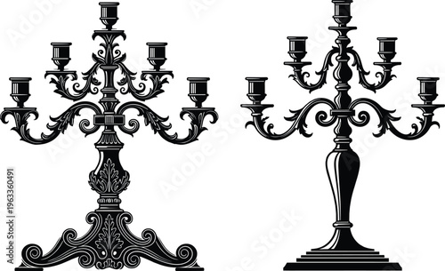 Vintage candelabra silhouettes vector illustration set featuring ornate antique candle holders isolated decorative baroque candlestick icons for classic interior design