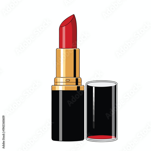 A red lipstick bullet is extended from a gold and black tube next to its cap