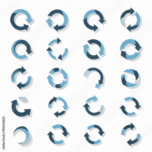 Set of 16 circular arrow icons in different shades of blue and gray