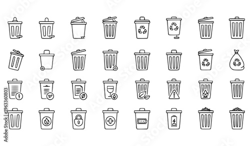 Black and White Trash Can Icon Set Thin Line Vector Garbage Bin Recycle Waste Container Symbols Isolated