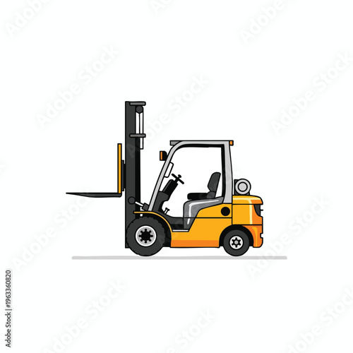 Yellow forklift with forks raised, parked on a white background