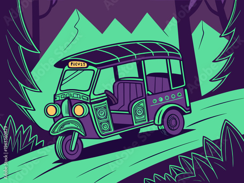 Vector Illustration Tuk-tuk Rickshaw Mountain Forest Path Flat Line Art Style Purple Teal Adventure Travel Graphic Design