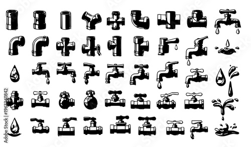 Collection of black and white plumbing icons and symbols