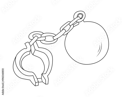 Simple line drawing of a ball and chain. Blank outline suggests no color or texture. Symbolizes restriction, confinement, or punishment. Ideal for themes of freedom, rebellion, or legal consequences