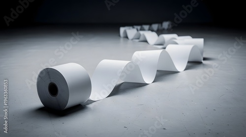 Long paper roll unspooling in a diminishing sequence across a flat surface with dramatic lighting