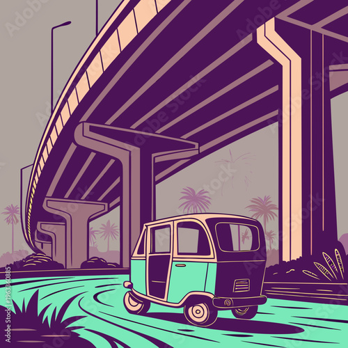 Vector Illustration Auto Rickshaw Tuk Tuk Under Highway Overpass Retro Vintage Travel Poster Tropical Cityscape Urban