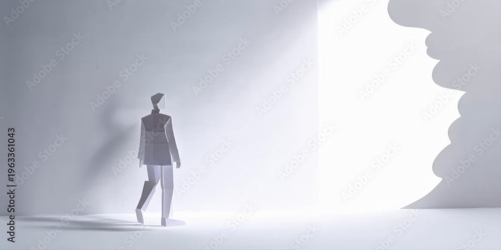 Fototapeta premium Minimalist figure walks toward bright light. Shadow extends behind, suggesting journey, hope, or transition. Stark contrast defines space.