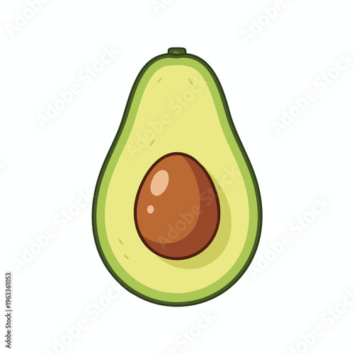 A stylized cartoon illustration of a single avocado half on a white background