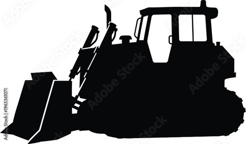 Black silhouette of heavy construction bulldozer loader with front bucket on transparent background