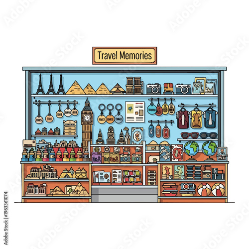 A colorful souvenir shop display filled with miniature landmarks, clothing, and travel accessories