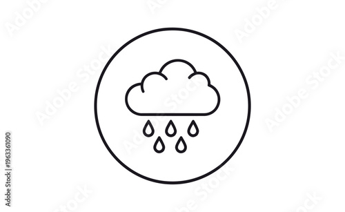 A simple line drawing of a rain cloud with raindrops in a circle on a white background