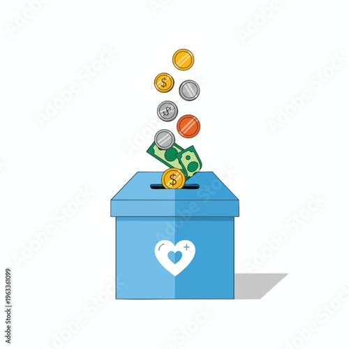 A blue donation box with coins and bills falling into its slot