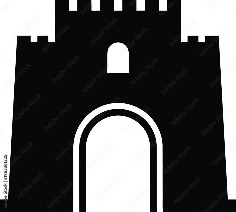 Fototapeta premium Ancient castle gate silhouette with stone walls and crenelated towers design